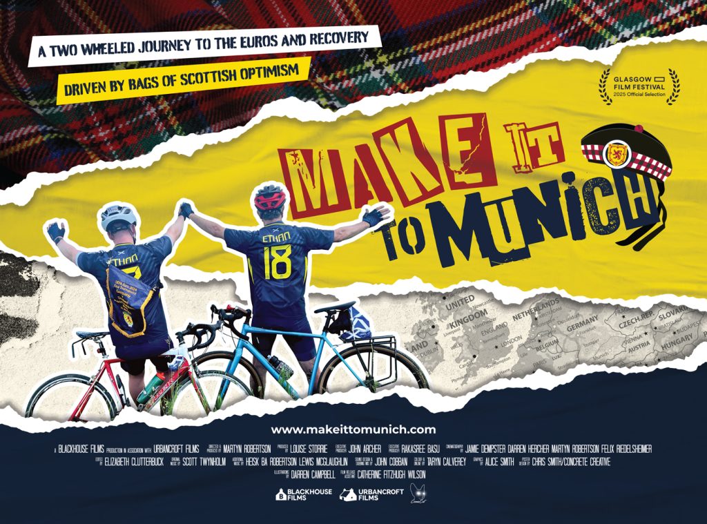 Two Scottish cyclists with arms raised in celebration as they make it to the Euros in Germany.